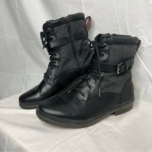 UGG Womens Kesey Boots Black Leather Wool Waterproof Combat Sherpa Size 10